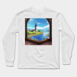 A window view of a lake and a castle Long Sleeve T-Shirt